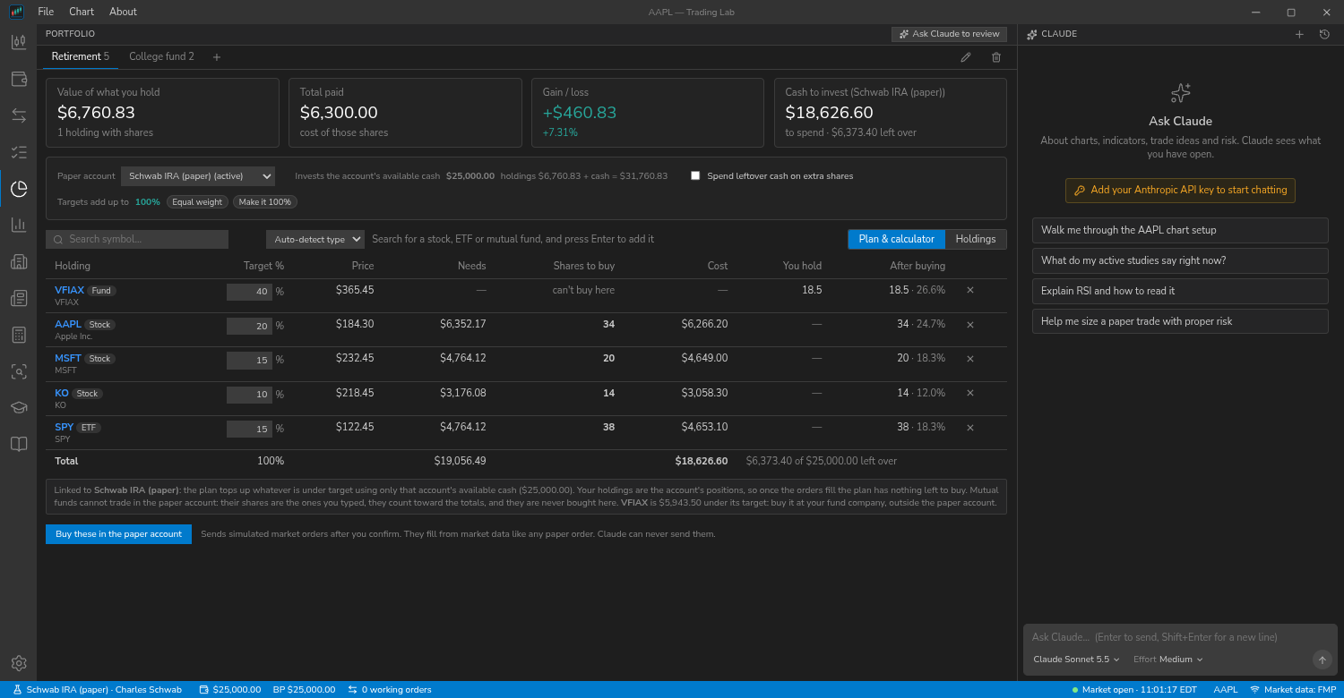 The Portfolio screen: five holdings with target percentages, prices and the shares the plan would buy